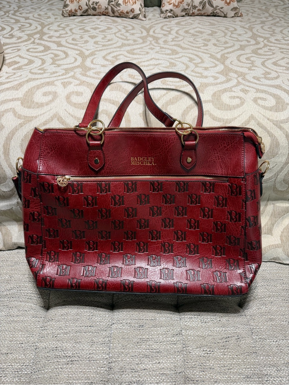 Badgley Mischka Deep Red Monogram Satchel with Gold Hardware